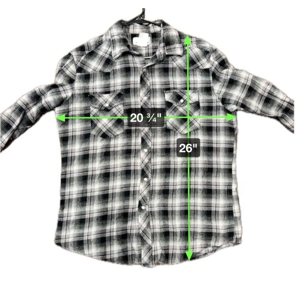 Wrangler Plaid Flannel Shirt Black White Long Sleeve Pearl Snap Buttons Sz L - Picture 7 of 7